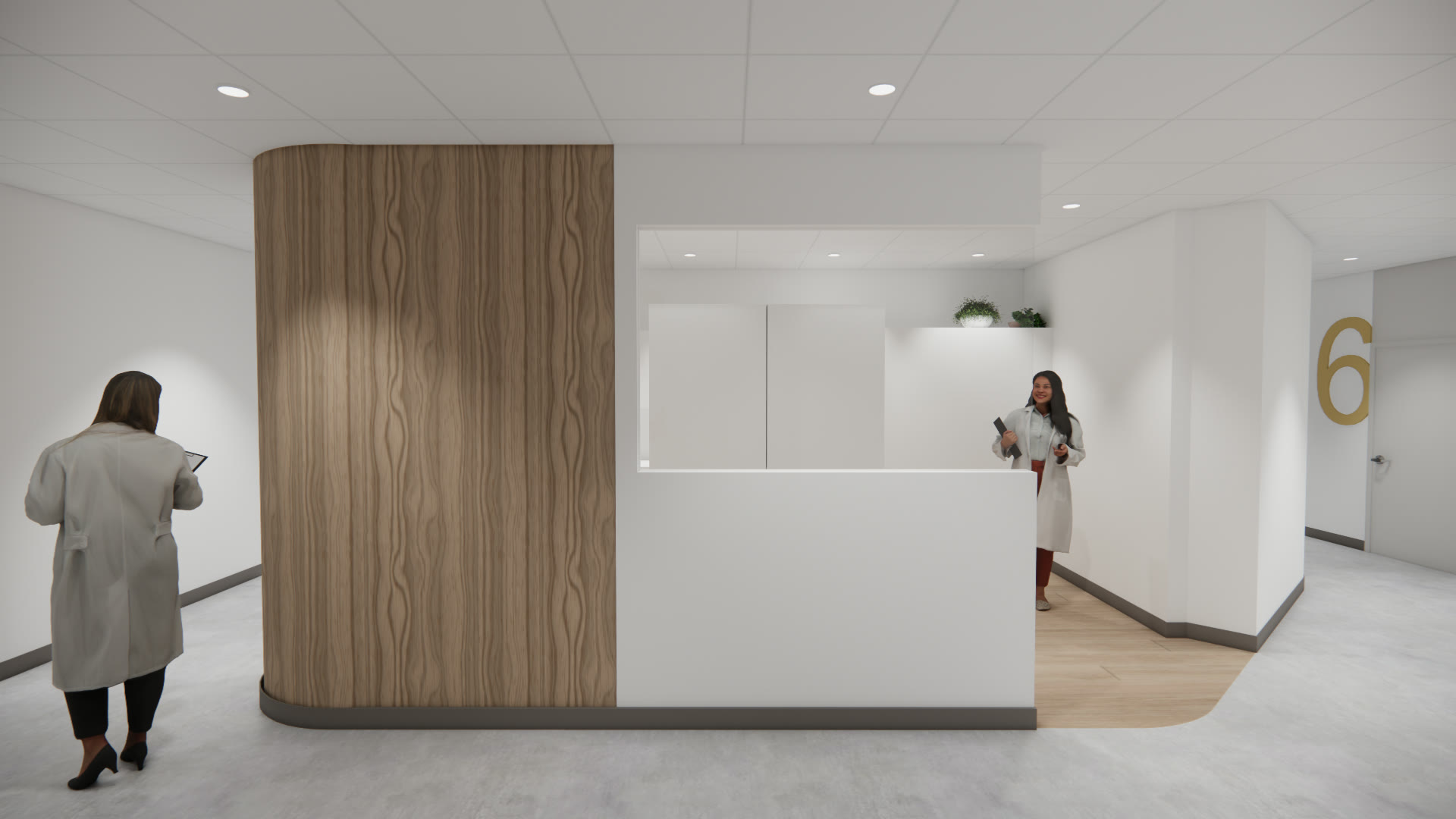 Rendu 3D du corridor et de la signalisation du Cabinet Dento-Esthétique